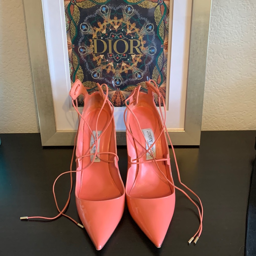 Jimmy Choo Coral Pink Barbie Patent Lace Up Shoes - Sz 8